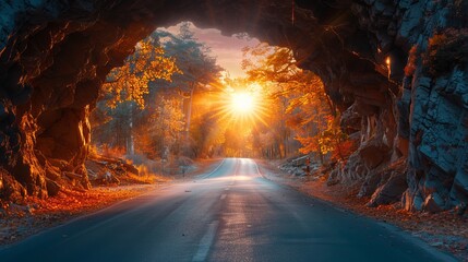 A stunning sunset adorns a picturesque street within a rocky tunnel. - obrazy, fototapety, plakaty