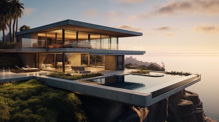 Fototapeta premium Contemporary cliffside retreat with sweeping concrete and glass pavilions cantilevered heated pool deck and unobstructed vistas.