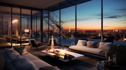Contemporary glass and steel penthouse apartment overlooking the city skyline. - obrazy, fototapety, plakaty