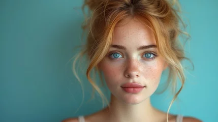Fotobehang   A woman with freckles and blue eyes stares sternly into the camera © Viktor