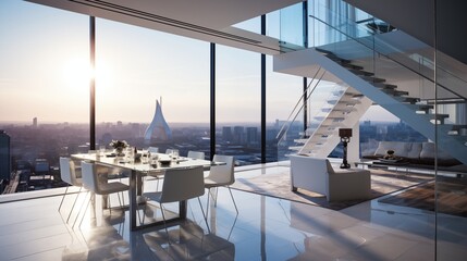 Contemporary glass and steel penthouse apartment overlooking the city skyline. - obrazy, fototapety, plakaty