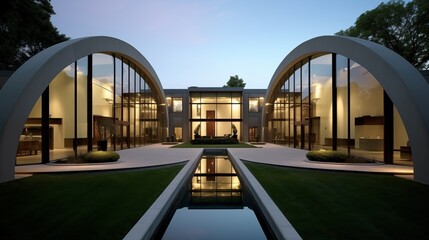 Contemporary mansion with sweeping archways geometric shapes and floor-to-ceiling glass.