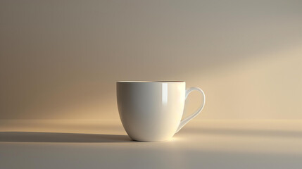 Here is a simple and clean product render of a white coffee mug on a beige background.