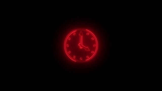 Neon glowing red color four o'clock icon animation black background