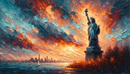Statue of Liberty at Sunset Oil Painting. Dramatic oil painting of the Statue of Liberty against a fiery sunset sky, symbolizing freedom and democracy.