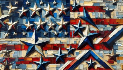 Abstract Patriotic Stars in Red, White, and Blue. Abstract painting featuring a mosaic of stars in the patriotic colors of the American flag.