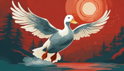 Obraz premium White duck flying in Red sky 