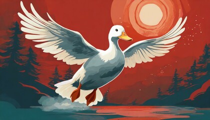 White duck flying in Red sky 