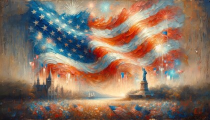 Abstract American Flag and Fireworks Painting. A stirring abstract painting capturing the American flag and celebratory fireworks in a swirl of colors. - obrazy, fototapety, plakaty