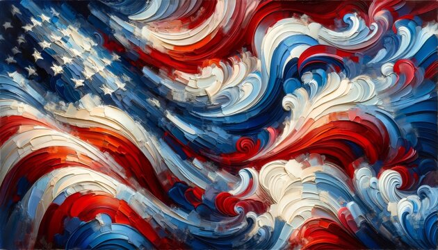 Impressionist Swirls in Patriotic American Flag Colors. An impressionist painting emulates the swirling motion of the American flag in vibrant hues.