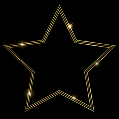 Vector template of shining gold star frame, background with glitter for Christmas celebration party, New Year card, wedding, bachelorette party, baby shower party, logo, casino, birthday.