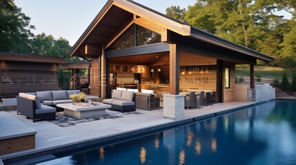 Fototapeta premium Contemporary rustic chic pool house with tongue-and-groove ceiling huge multi-slide glass doors and seamless transitions to outdoor living areas.
