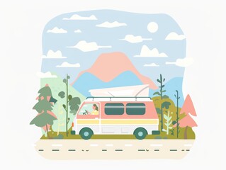 Scenic Road Trip with Pastel-Colored Vehicle Generative AI