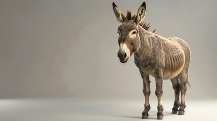 Studio shot of a donkey looking at the camera with a neutral expression. The donkey is standing on a white seamless background.