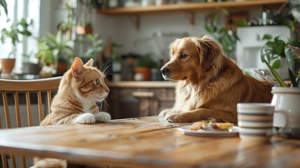 Golden retriever and orange tabby cat sitting together in a cozy kitchen - obrazy, fototapety, plakaty