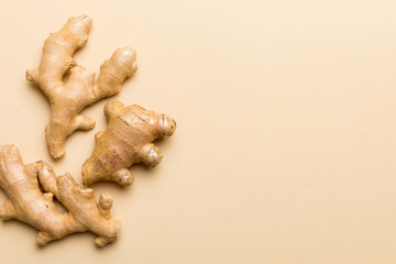 Finely dry Ginger powder in bowl with green leaves isolated on colored background. top view flat lay