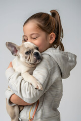as a young girl enjoys time with her pet dog, set against a calming grey studio backdrop