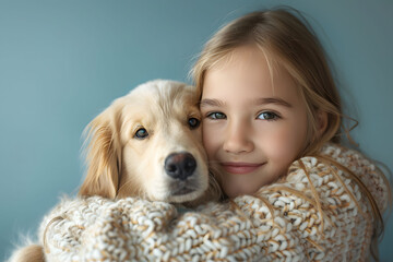 as a young girl enjoys time with her pet dog, set against a calming blue studio backdrop