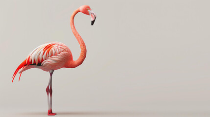A beautiful flamingo stands on one leg in the water. Its pink feathers are ruffled in the breeze, and its long neck is curved gracefully. - obrazy, fototapety, plakaty