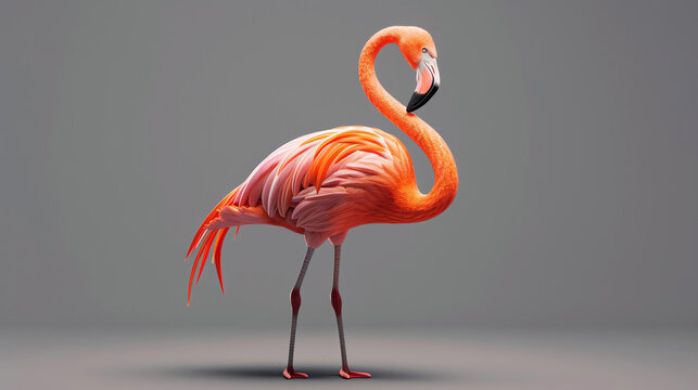 A beautiful flamingo stands on one leg in the water. Its pink feathers are ruffled in the breeze, and its long, thin neck is curved gracefully.