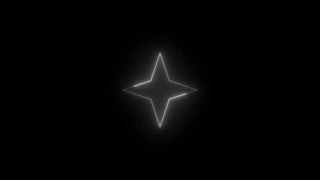Neon glowing white color four hand star icon animation black background