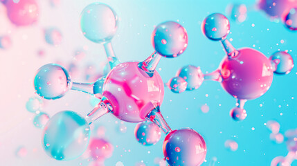 molecules on pink blue background. Abstract molecule model. Scientific research in molecular chemistry. Collagen Skin Serum, hyaluronic acid, peptides cosmetics skin care cosmetics solution, perfume - obrazy, fototapety, plakaty
