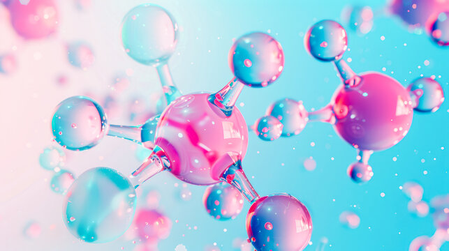 molecules on pink blue background. Abstract molecule model. Scientific research in molecular chemistry. Collagen Skin Serum, hyaluronic acid, peptides cosmetics skin care cosmetics solution, perfume