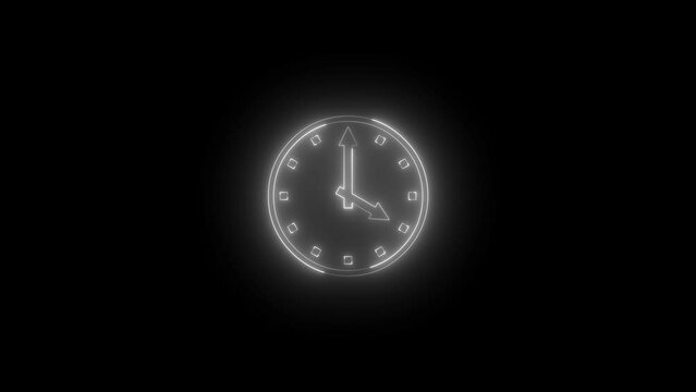 Neon glowing white color four o'clock icon animation black background