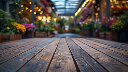 Warm ambience of a shopping promenade with a close view of wooden planks