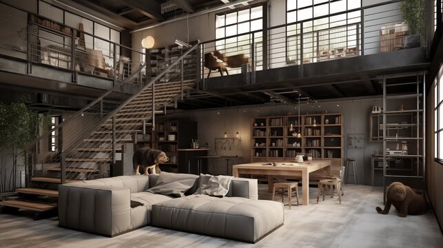 Converted industrial loft living space with caged staircase metal cat walks and raw unfinished elements.