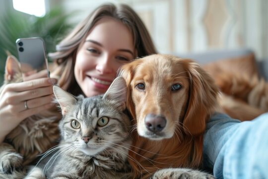 Smiling young woman taking a selfie with her cat and dog on a cozy sofa at home