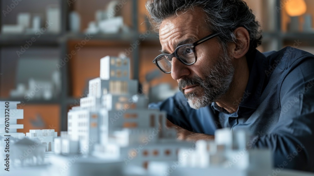 Poster focused architect analyzing a detailed model building layout
