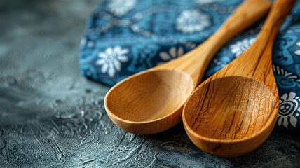 Culinary simplicity with wooden spoons on a textured blue kitchen cloth backdrop - obrazy, fototapety, plakaty