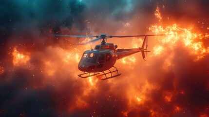   Helicopter soaring amidst orange-red clouded sky against stark black and white helicopter background