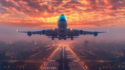  A jetliner flying through clouds at night, illuminated by runway lights below - obrazy, fototapety, plakaty