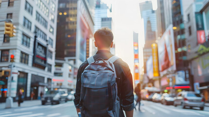 With a backpack slung over their shoulder, a young professional navigates the bustling city streets.