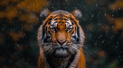   A tiger's face in sharp focus, with droplets of water glistening on its features against a fuzzy backdrop
