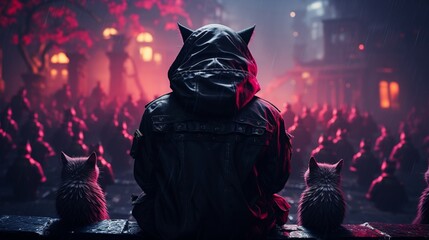 A cyberpunk scene where ninja skills and wildlife meet, with cats moving unseen among neon lights,  - obrazy, fototapety, plakaty