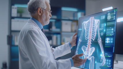 a doctor holding in hand a x-ray skeleton model, spine diseases and its treatment - obrazy, fototapety, plakaty