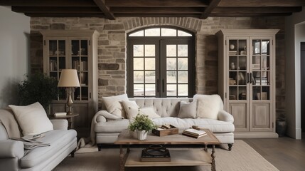 Cozy farmhouse inspired den with built-in floor-to-ceiling bookcases wood beams antique shutters and chic French sliding barn doors. - obrazy, fototapety, plakaty