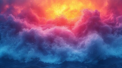   A vivid depiction of an ocean wave, surrounded by a brilliant blue-orange sky and positioned under a radiant red-yellow sun - obrazy, fototapety, plakaty