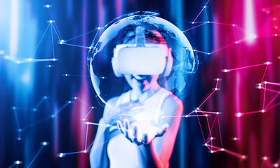 Fototapeta na wymiar Female stand surrounded by neon light wear white VR headset and tank top connecting metaverse, future cyberspace community technology, She holding and watch 3D global picture hologram. Hallucination.
