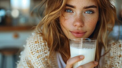 A woman with long, layered brown hair is drinking a glass of milk - Powered by Adobe