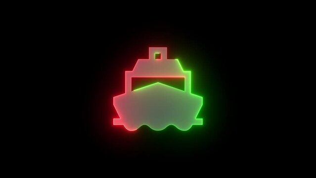 Neon ferry boat icon green red color glowing animation black background