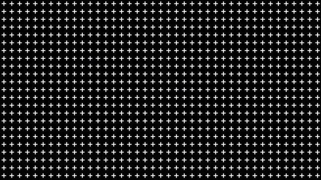 Minimalist abstract loop animation of geometric white plus signs on a black background. Seamless video of flat shapes for tint, alpha, or overlay layer. Technology, news, presentation motion backdrop