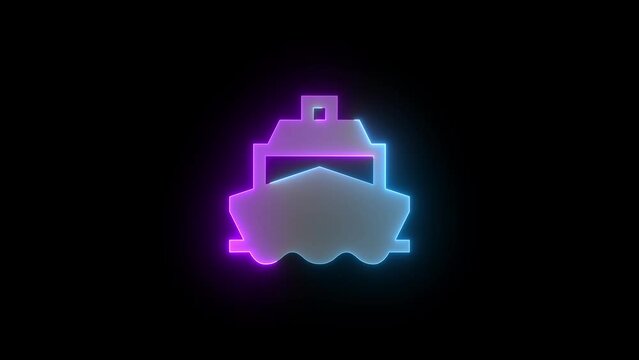 Neon ferry boat icon cyan purple color glowing animation black background