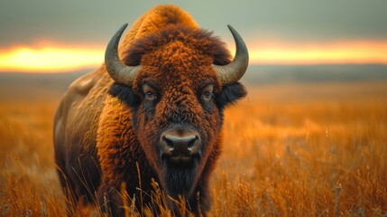   A close-up of a bison in a field of tall grass with the sun setting behind it