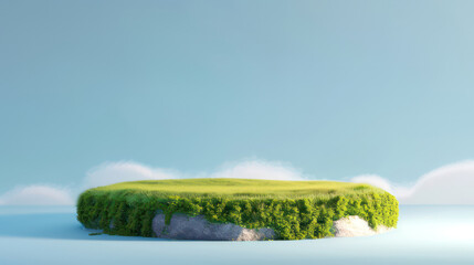 3D round grassy platform island with summer green lawn on the background of a light blue sky with clouds. 3D rendered stone podium with green grass