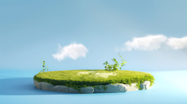 3D round grassy platform island with summer green lawn on the background of a light blue sky with clouds. 3D rendered stone podium with green grass