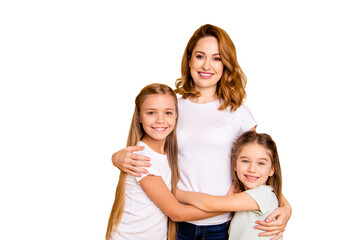 Portrait of three nice adorable attractive cheerful people hugging spending time together mum mommy...